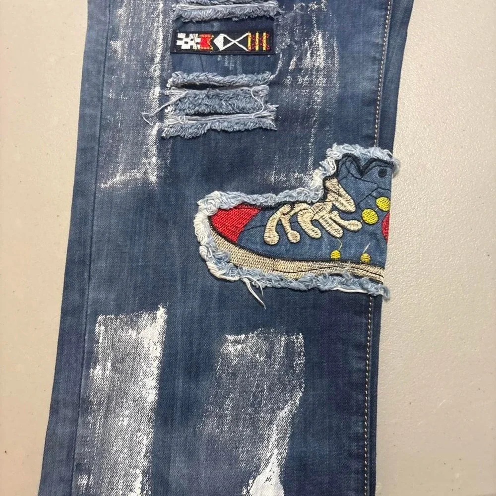 Gold Leaf Jeans Mens 36X32 Blue Selvedge Distressed Paint Splatter Heavy Patches